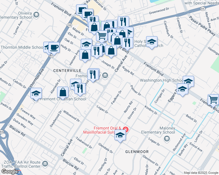 map of restaurants, bars, coffee shops, grocery stores, and more near 4360 Central Avenue in Fremont