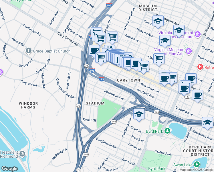 map of restaurants, bars, coffee shops, grocery stores, and more near 3405 Idlewood Avenue in Richmond