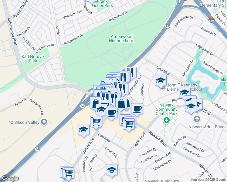 map of restaurants, bars, coffee shops, grocery stores, and more near 5871 Jarvis Avenue in Newark