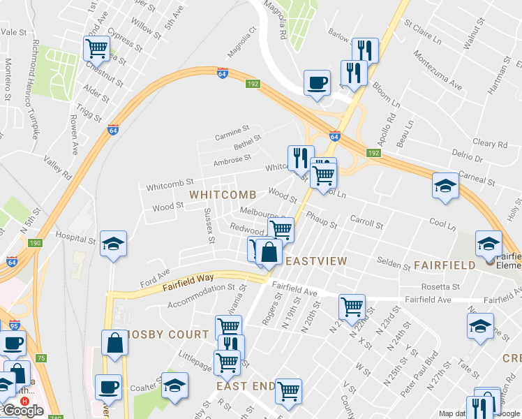 map of restaurants, bars, coffee shops, grocery stores, and more near 2500 Melbourne Street in Richmond