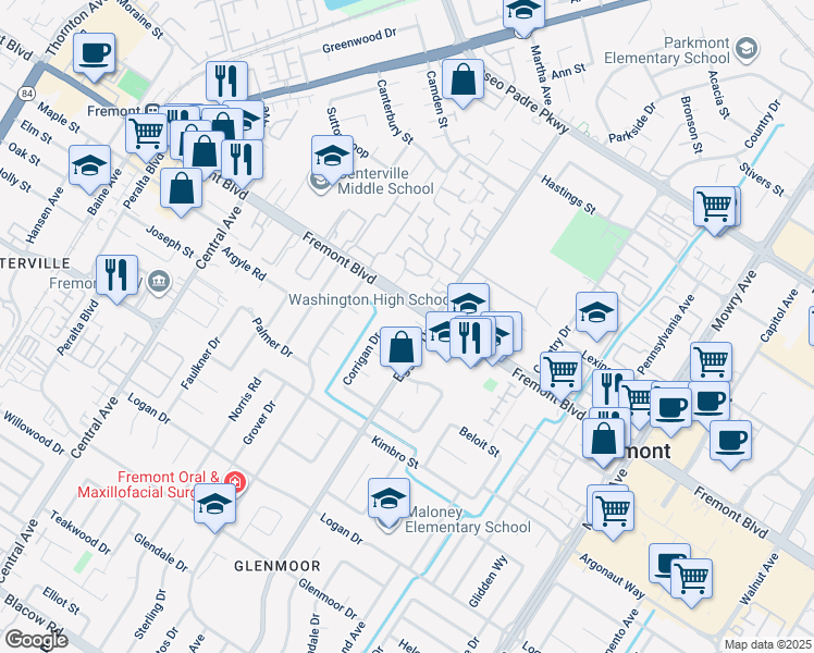 map of restaurants, bars, coffee shops, grocery stores, and more near 4159 Corrigan Drive in Fremont