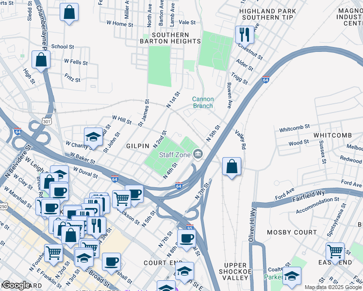 map of restaurants, bars, coffee shops, grocery stores, and more near 400 Hospital Street in Richmond