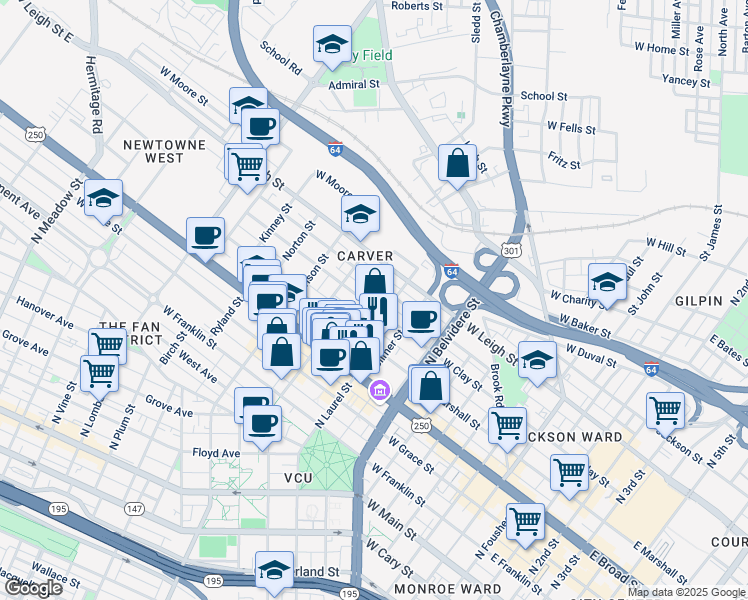 map of restaurants, bars, coffee shops, grocery stores, and more near 909 Catherine Street in Richmond