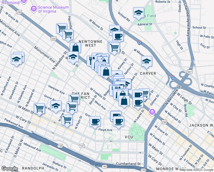 map of restaurants, bars, coffee shops, grocery stores, and more near 1115 West Grace Street in Richmond