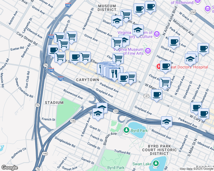 map of restaurants, bars, coffee shops, grocery stores, and more near 118 South Belmont Avenue in Richmond