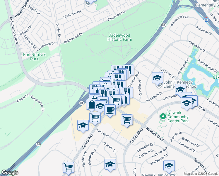 map of restaurants, bars, coffee shops, grocery stores, and more near 5871 Jarvis Avenue in Newark