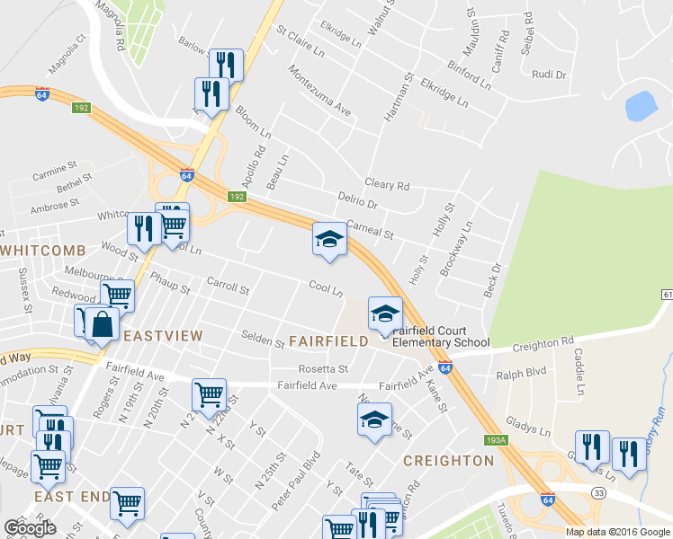 map of restaurants, bars, coffee shops, grocery stores, and more near 2300 Cool Lane in Richmond