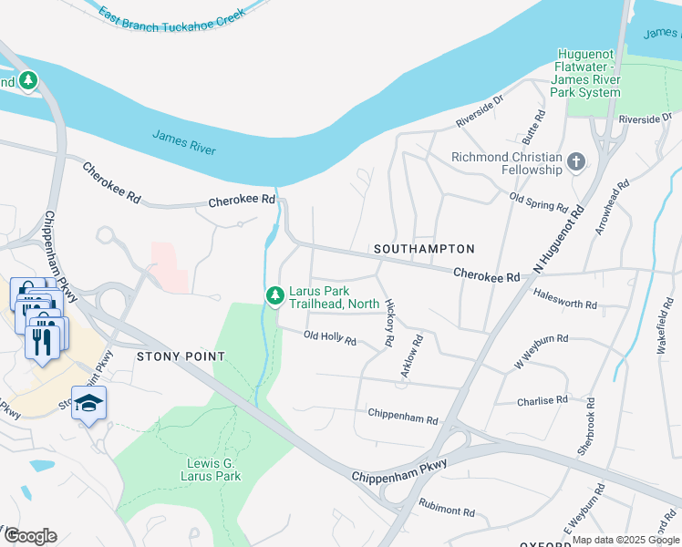 map of restaurants, bars, coffee shops, grocery stores, and more near 8950 Rustic Road in Richmond