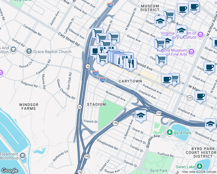 map of restaurants, bars, coffee shops, grocery stores, and more near 3405 Idlewood Avenue in Richmond