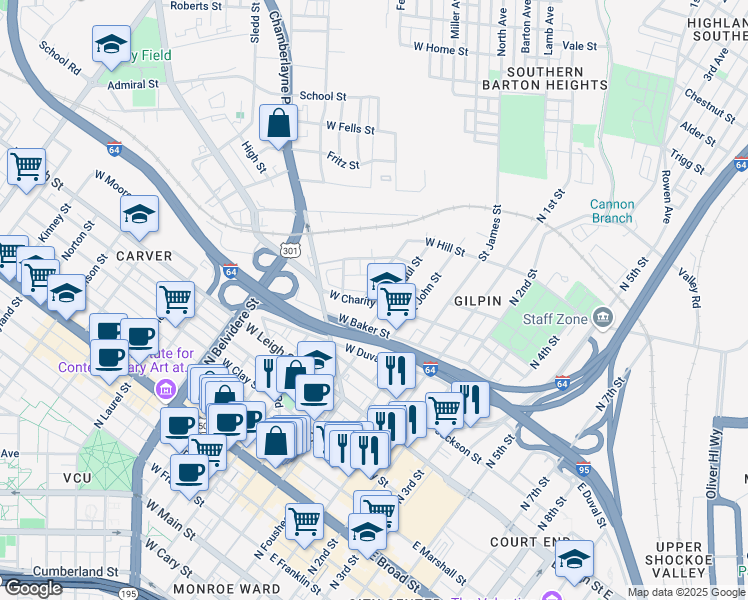 map of restaurants, bars, coffee shops, grocery stores, and more near 218 West Charity Street in Richmond