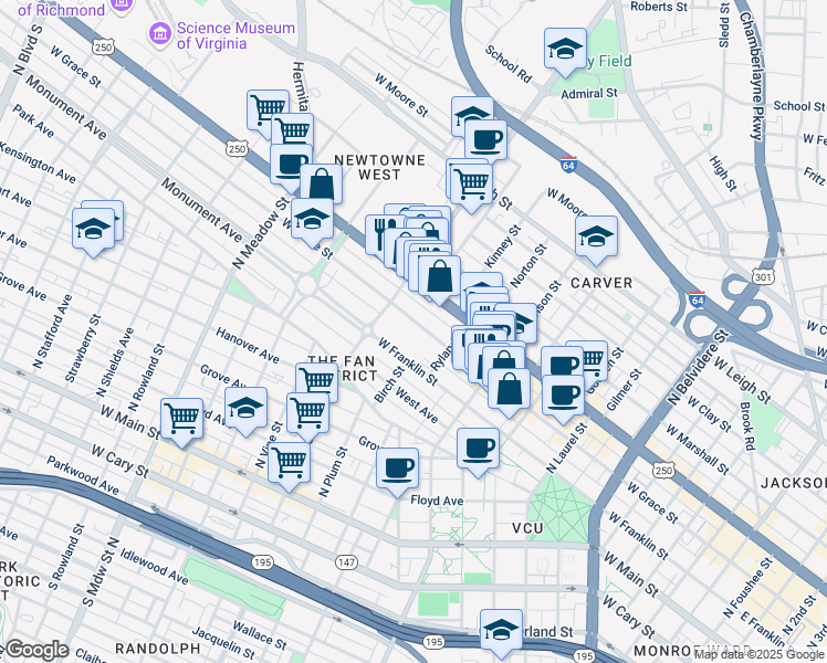 map of restaurants, bars, coffee shops, grocery stores, and more near 1121 West Grace Street in Richmond