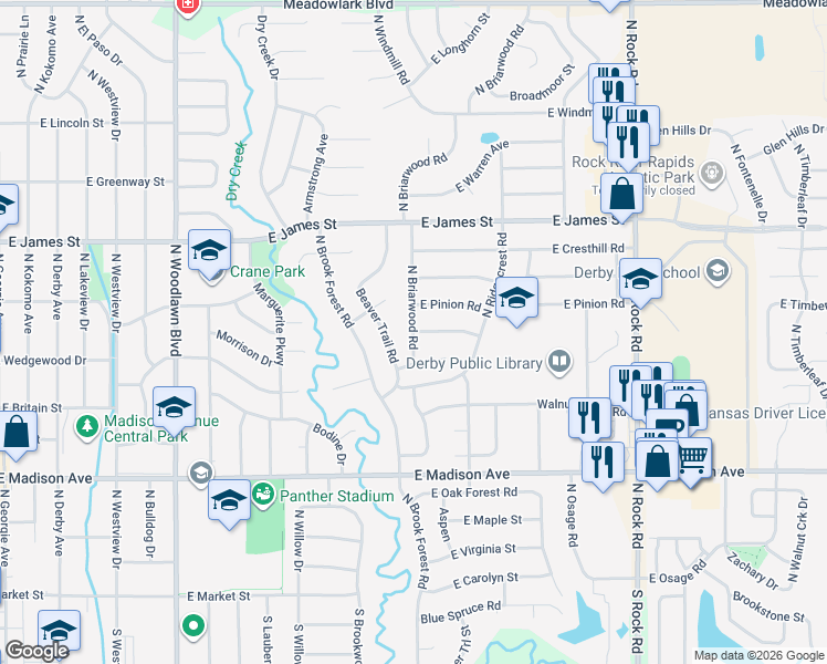 map of restaurants, bars, coffee shops, grocery stores, and more near 1300 East Pine Tree Road in Derby