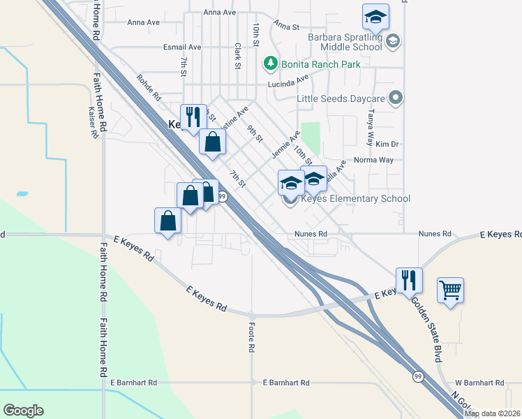 map of restaurants, bars, coffee shops, grocery stores, and more near 5655 7th Street in Keyes