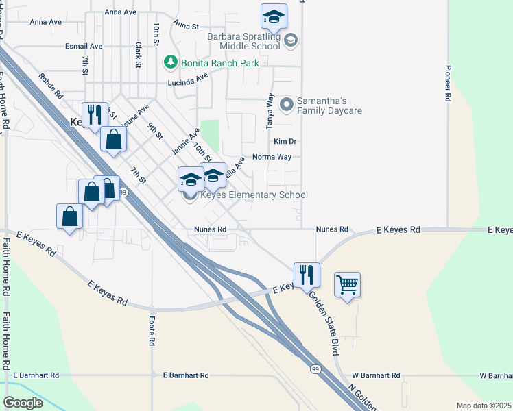map of restaurants, bars, coffee shops, grocery stores, and more near 5904 Horn Way in Keyes