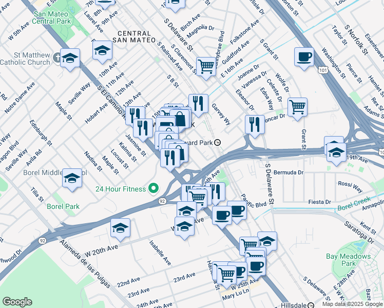map of restaurants, bars, coffee shops, grocery stores, and more near 1739 Palm Avenue in San Mateo