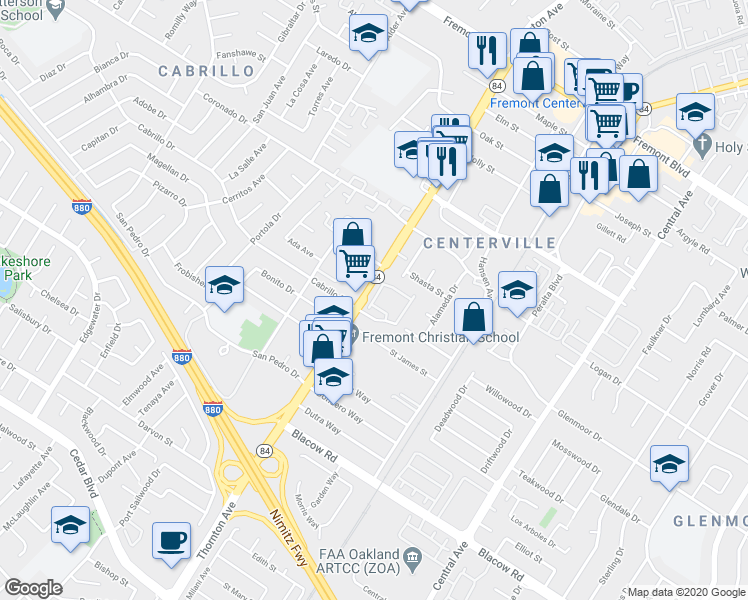 map of restaurants, bars, coffee shops, grocery stores, and more near 4662 Penzance Camino in Fremont
