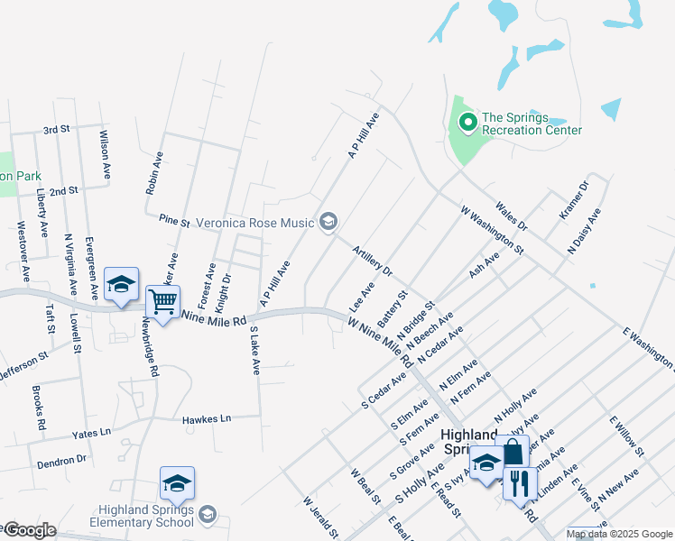 map of restaurants, bars, coffee shops, grocery stores, and more near 10 Beauregard Avenue in Highland Springs