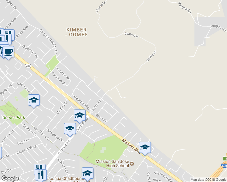 map of restaurants, bars, coffee shops, grocery stores, and more near 345 Castro Lane in Fremont