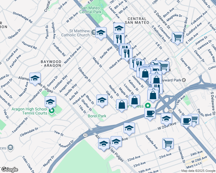 map of restaurants, bars, coffee shops, grocery stores, and more near 1250 Nadina Street in San Mateo