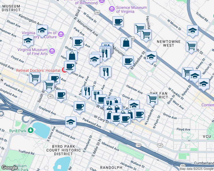 map of restaurants, bars, coffee shops, grocery stores, and more near 2116 Grove Avenue in Richmond