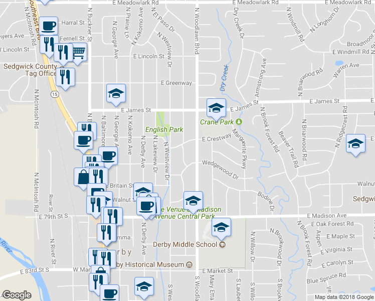 map of restaurants, bars, coffee shops, grocery stores, and more near 836 North El Paso Drive in Derby