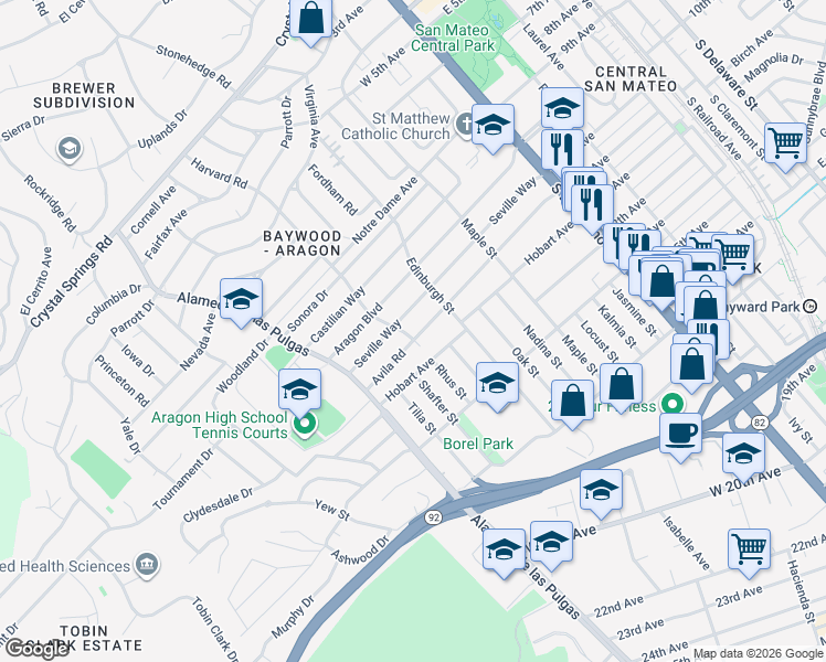 map of restaurants, bars, coffee shops, grocery stores, and more near 1019 Harvard Road in San Mateo