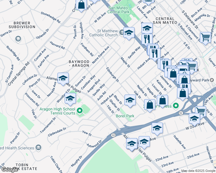 map of restaurants, bars, coffee shops, grocery stores, and more near 1019 Harvard Road in San Mateo
