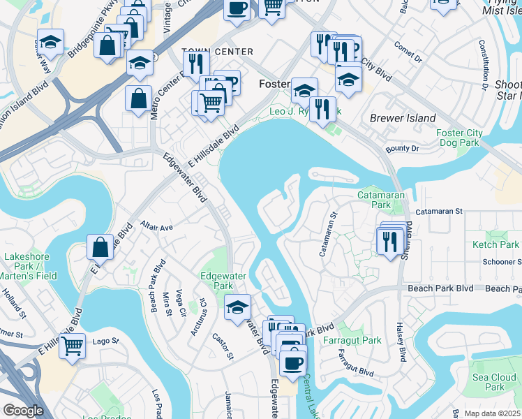 map of restaurants, bars, coffee shops, grocery stores, and more near 650 Portofino Lane in Foster City