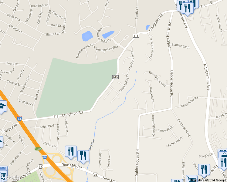map of restaurants, bars, coffee shops, grocery stores, and more near 3129 Stone Dale Court in Richmond