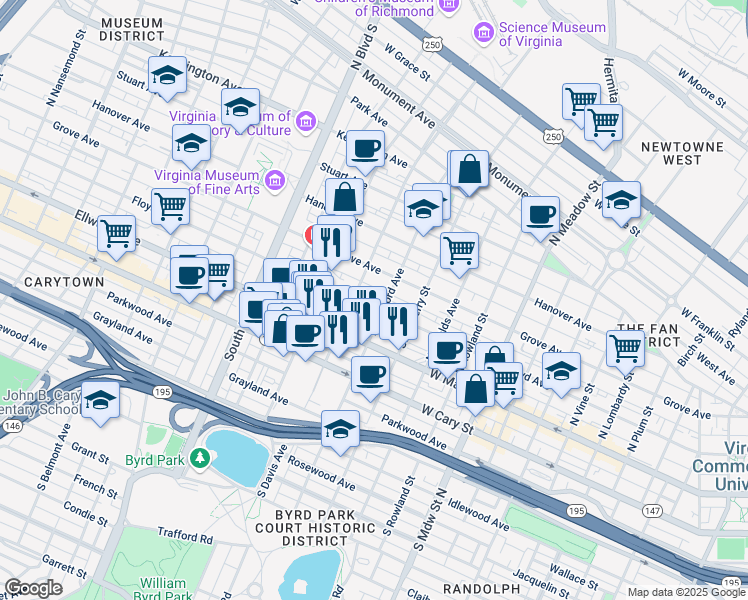 map of restaurants, bars, coffee shops, grocery stores, and more near 2410 Floyd Avenue in Richmond