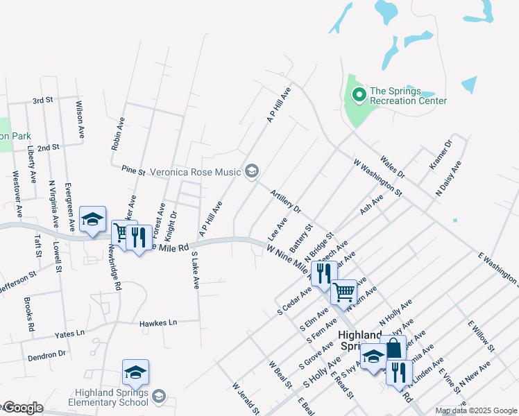 map of restaurants, bars, coffee shops, grocery stores, and more near 10 Beauregard Avenue in Highland Springs