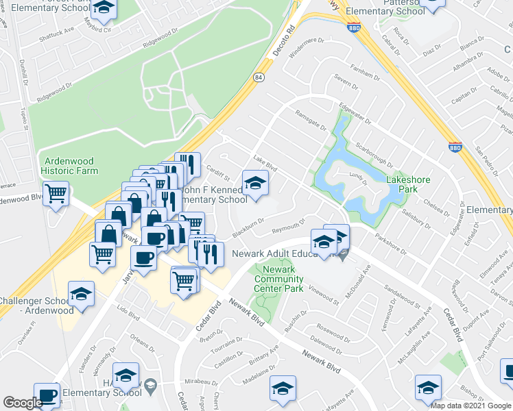 map of restaurants, bars, coffee shops, grocery stores, and more near 35430 Blackburn Drive in Newark