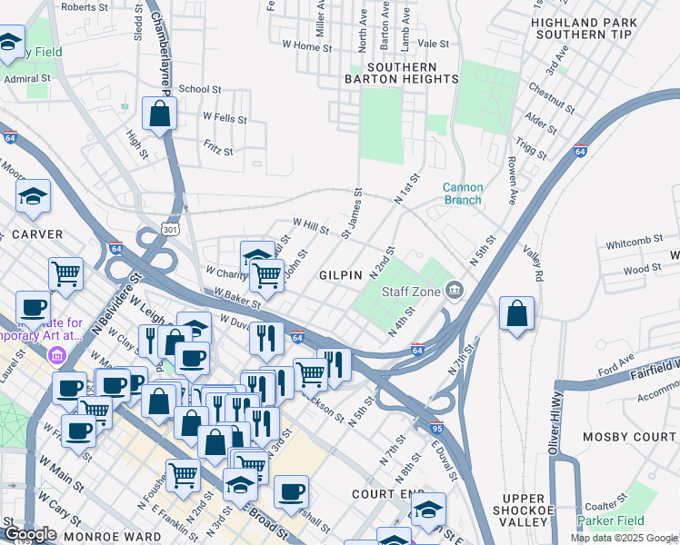 map of restaurants, bars, coffee shops, grocery stores, and more near 1102C North 1st Street in Richmond