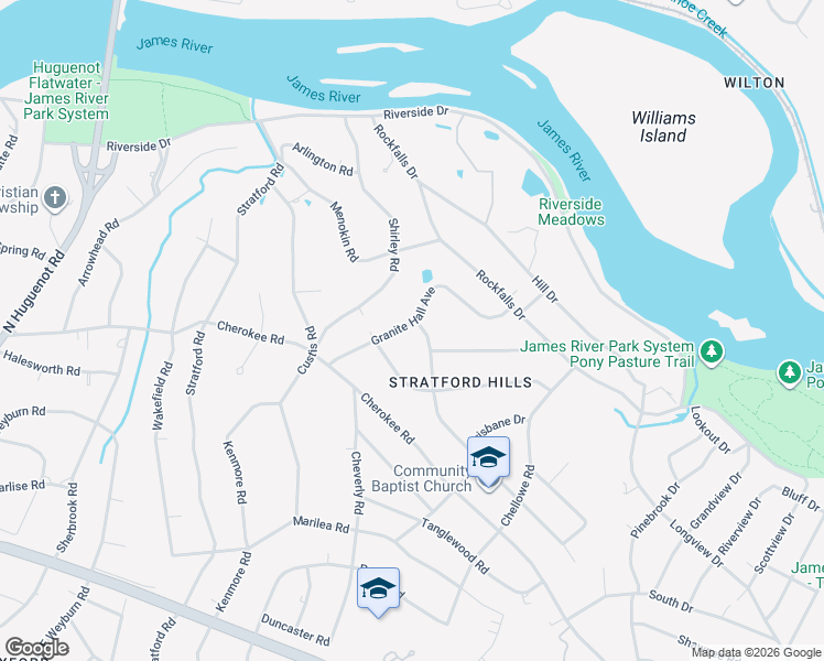 map of restaurants, bars, coffee shops, grocery stores, and more near 7703 Granite Hall Avenue in Richmond