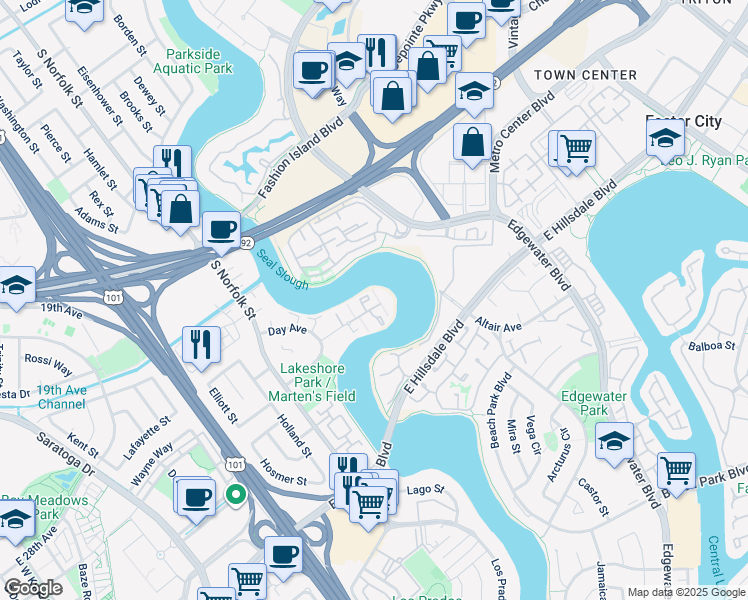 map of restaurants, bars, coffee shops, grocery stores, and more near 1715 Marina Court in San Mateo