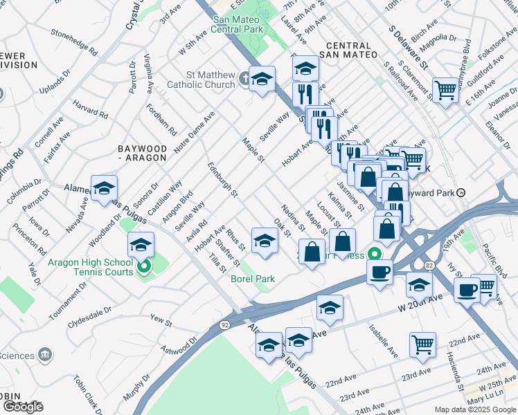 map of restaurants, bars, coffee shops, grocery stores, and more near 1224 Oak St in San Mateo