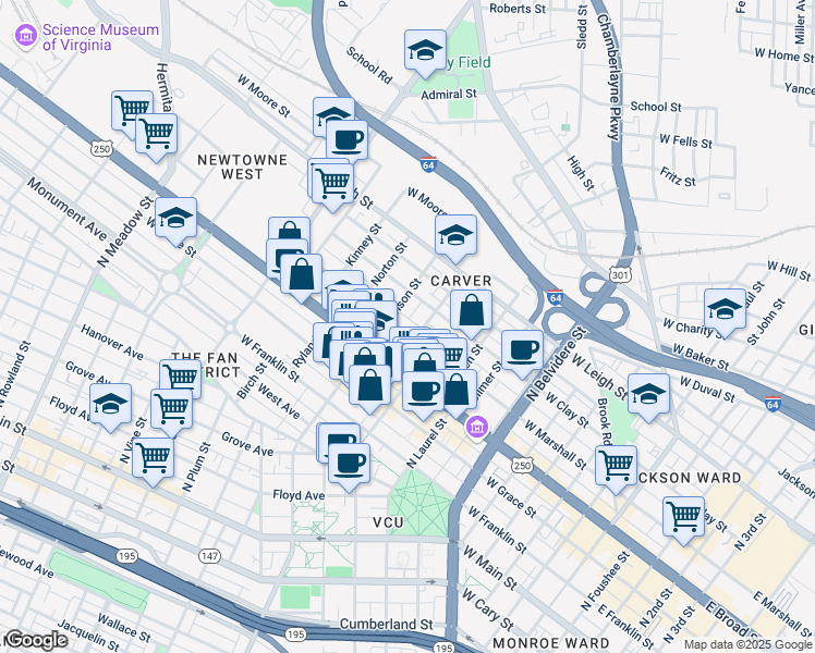 map of restaurants, bars, coffee shops, grocery stores, and more near 1114 West Marshall Street in Richmond