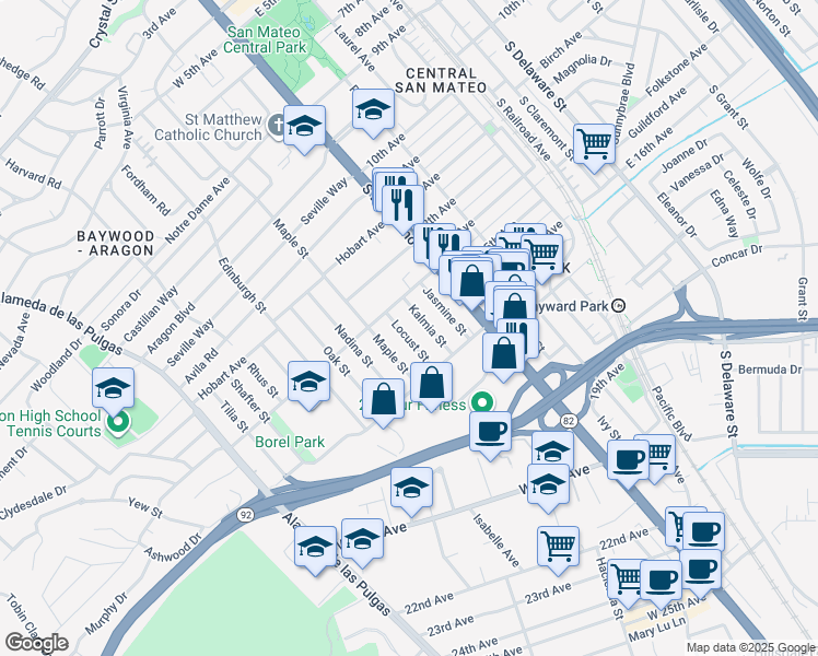 map of restaurants, bars, coffee shops, grocery stores, and more near 1435 Locust Street in San Mateo