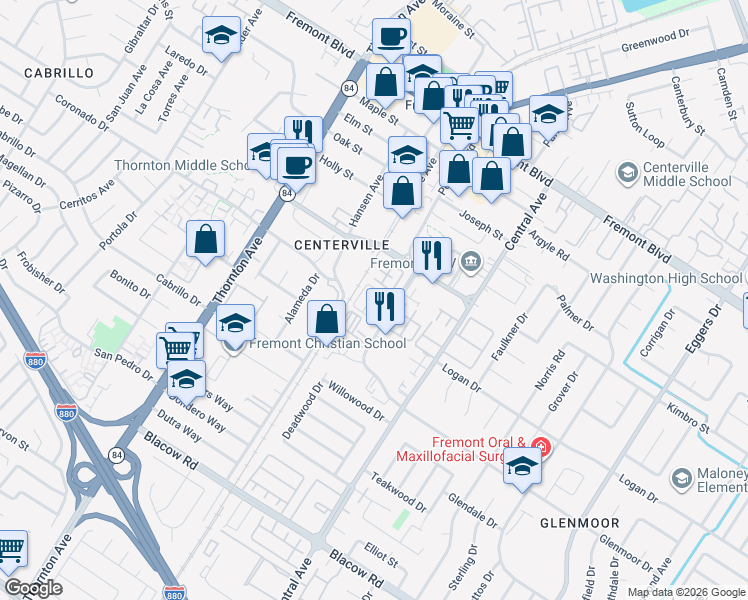 map of restaurants, bars, coffee shops, grocery stores, and more near 37302 Pinehurst Terrace in Fremont
