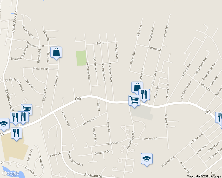 map of restaurants, bars, coffee shops, grocery stores, and more near 16 Evergreen Avenue in Richmond