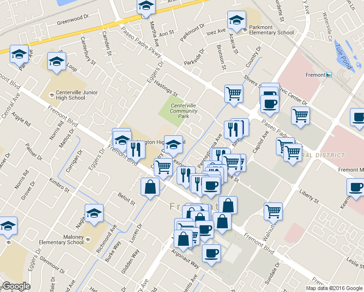 map of restaurants, bars, coffee shops, grocery stores, and more near 3400 Country Drive in Fremont