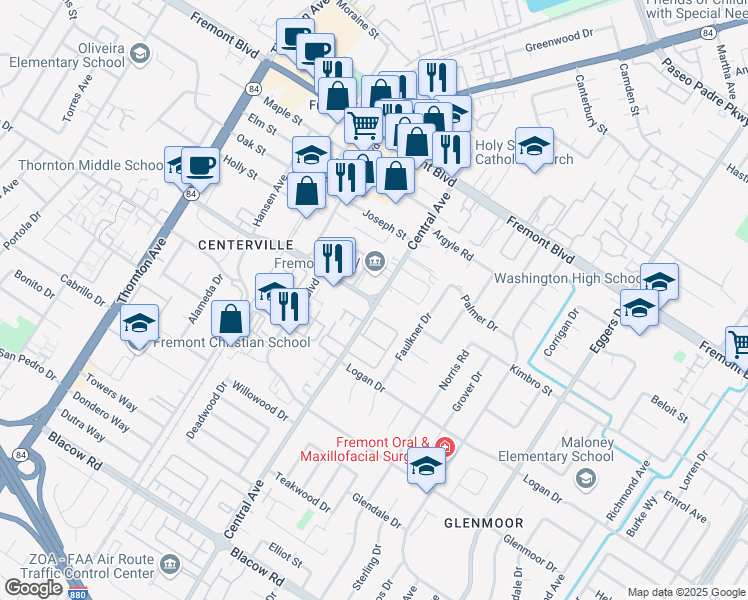 map of restaurants, bars, coffee shops, grocery stores, and more near 4360 Central Avenue in Fremont