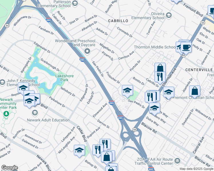 map of restaurants, bars, coffee shops, grocery stores, and more near 36311 San Pedro Drive in Fremont