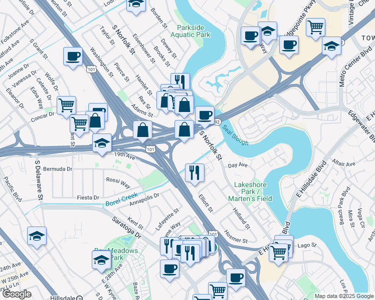 map of restaurants, bars, coffee shops, grocery stores, and more near 1900 South Norfolk Street in San Mateo