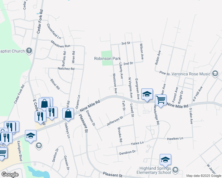 map of restaurants, bars, coffee shops, grocery stores, and more near 5701 1st Street in Richmond