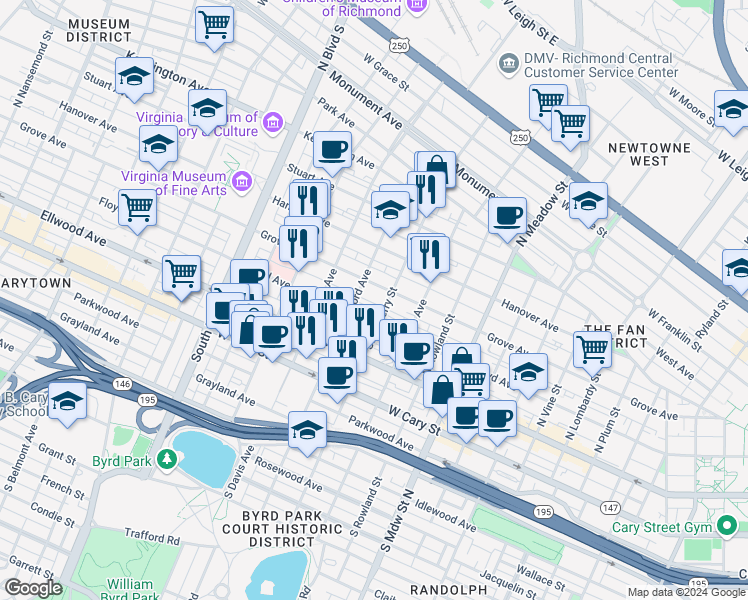 map of restaurants, bars, coffee shops, grocery stores, and more near 2311 Grove Avenue in Richmond