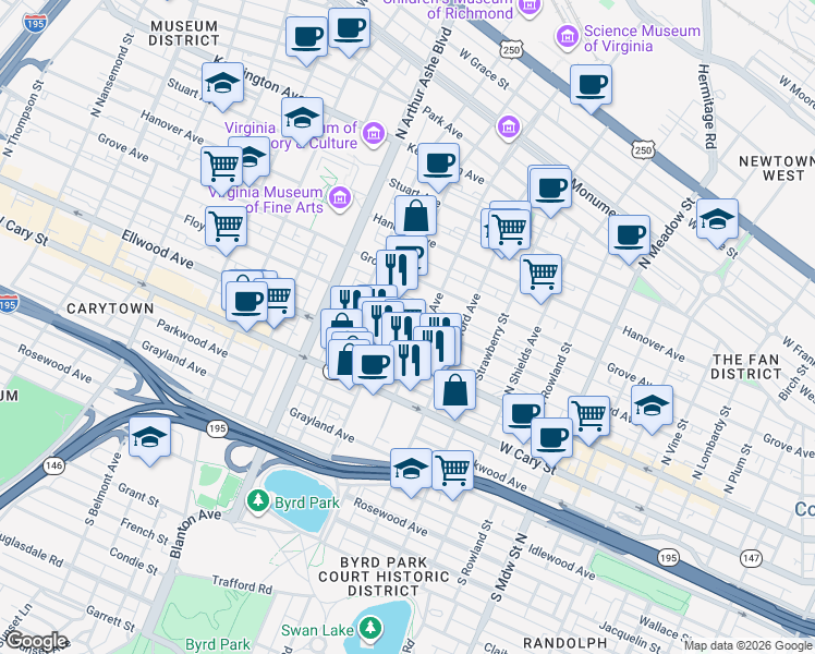 map of restaurants, bars, coffee shops, grocery stores, and more near 2511 Floyd Avenue in Richmond
