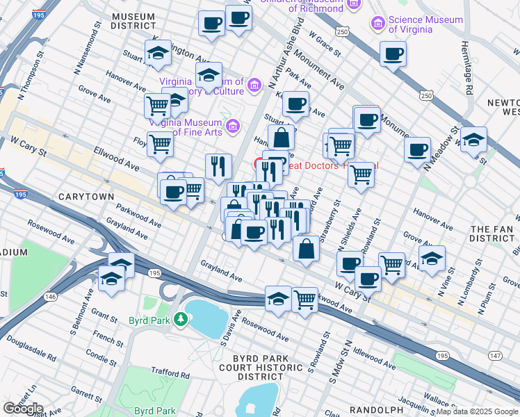 map of restaurants, bars, coffee shops, grocery stores, and more near 2610 West Main Street in Richmond