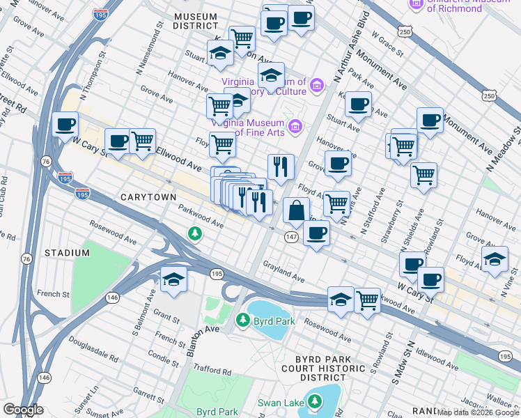 map of restaurants, bars, coffee shops, grocery stores, and more near 8 South Arthur Ashe Boulevard in Richmond