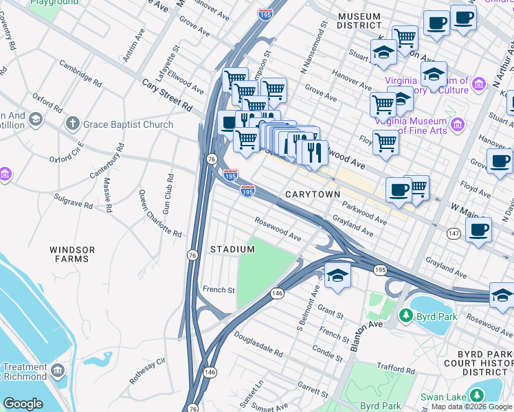 map of restaurants, bars, coffee shops, grocery stores, and more near 3405 Idlewood Avenue in Richmond